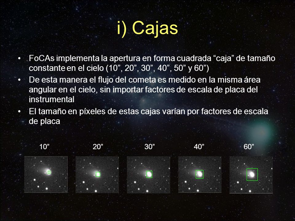i) Cajas FoCAs implementa la apertura en forma cuadrada caja de tamaño constante en el cielo (10 , 20 , 30 , 40 , 50 y 60 )