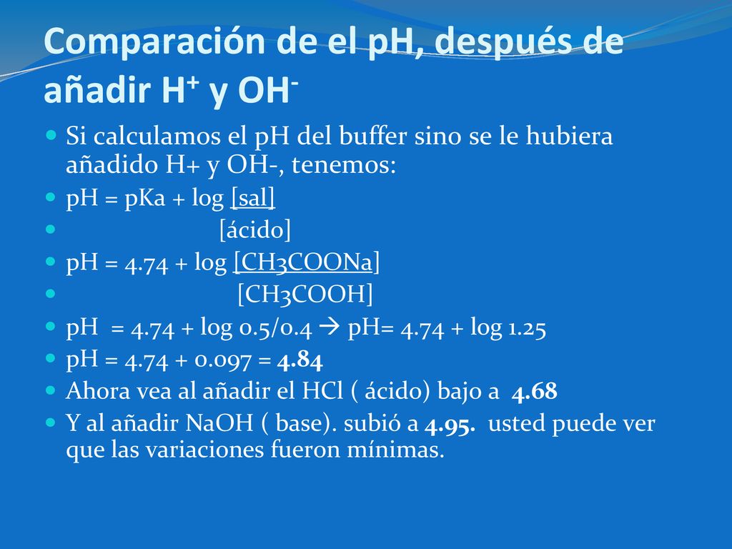 Comparación de el pH, después de añadir H+ y OH-