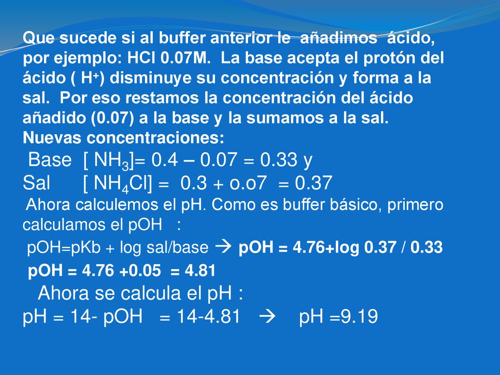 Base [ NH3]= 0.4 – 0.07 = 0.33 y Sal [ NH4Cl] = o.o7 = 0.37