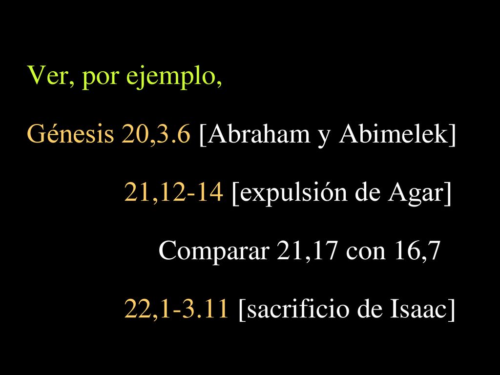 Ver, por ejemplo, Génesis 20,3.6 [Abraham y Abimelek] 21,12-14 [expulsión de Agar] Comparar 21,17 con 16,7.