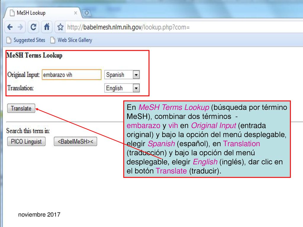 En MeSH Terms Lookup (búsqueda por término MeSH), combinar dos términos - embarazo y vih en Original Input (entrada original) y bajo la opción del menú desplegable, elegir Spanish (español), en Translation (traducción) y bajo la opción del menú desplegable, elegir English (inglés), dar clic en el botón Translate (traducir).