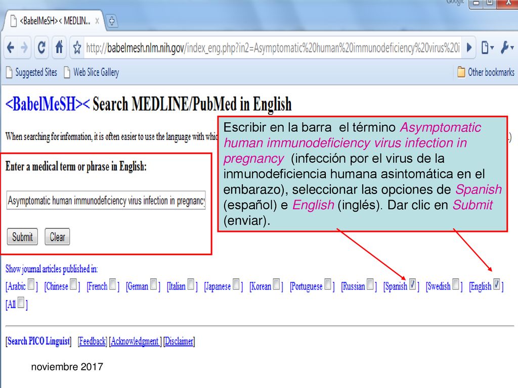 Escribir en la barra el término Asymptomatic human immunodeficiency virus infection in pregnancy (infección por el virus de la inmunodeficiencia humana asintomática en el embarazo), seleccionar las opciones de Spanish (español) e English (inglés). Dar clic en Submit (enviar).