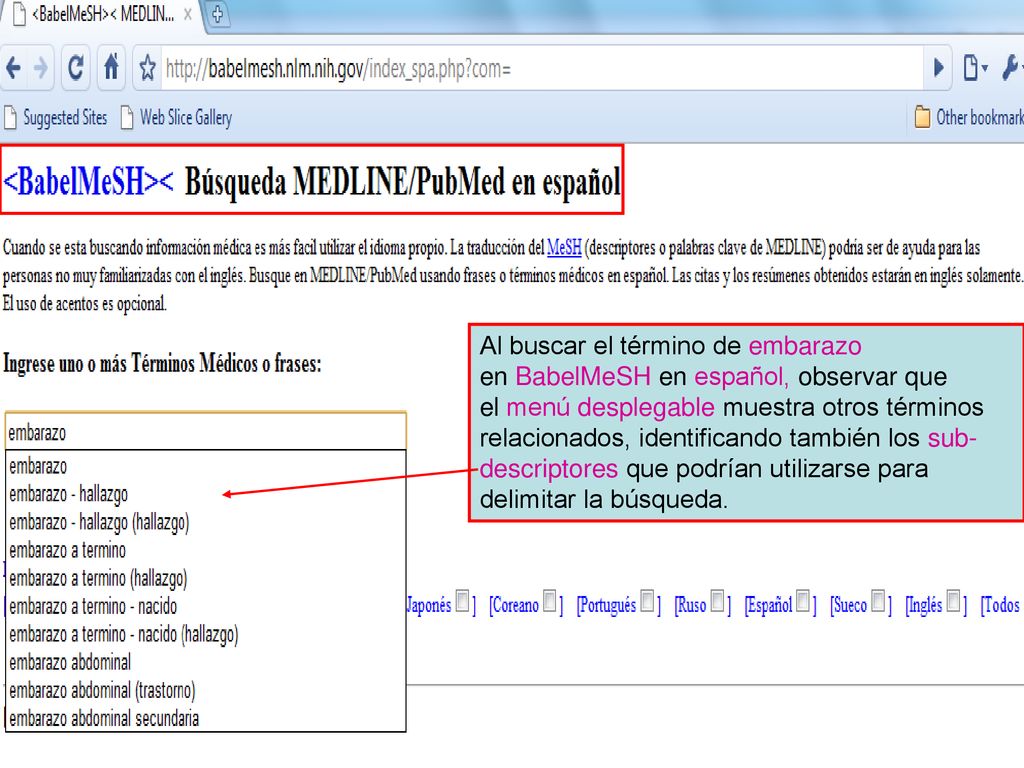 Al buscar el término de embarazo en BabelMeSH en español, observar que el menú desplegable muestra otros términos relacionados, identificando también los sub-descriptores que podrían utilizarse para delimitar la búsqueda.