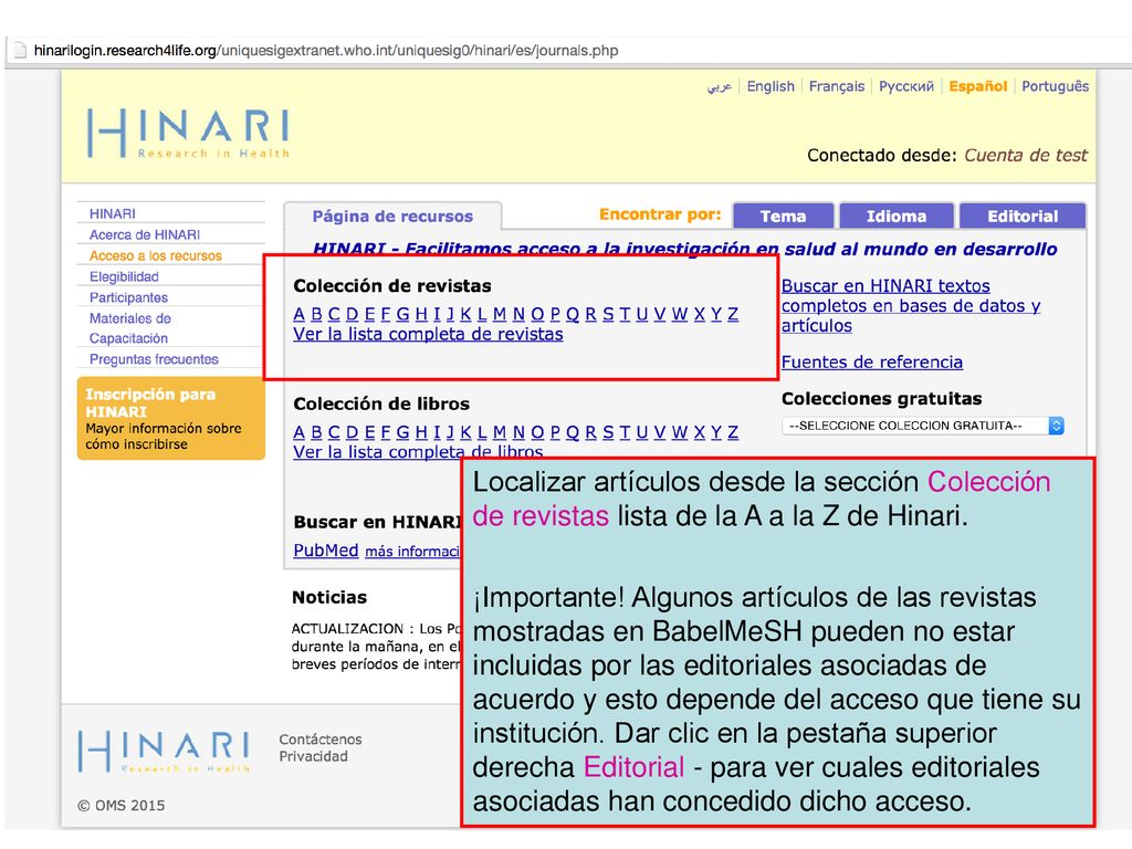 Localizar artículos desde la sección Colección de revistas lista de la A a la Z de Hinari.