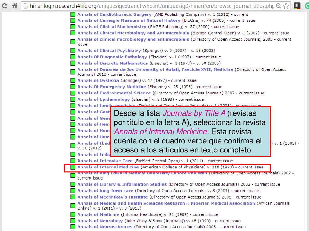 Desde la lista Journals by Title A (revistas por título en la letra A), seleccionar la revista Annals of Internal Medicine. Esta revista cuenta con el cuadro verde que confirma el acceso a los artículos en texto completo.