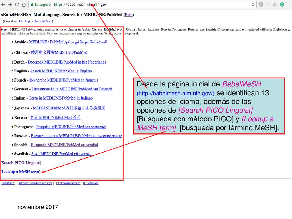 Desde la página inicial de BabelMeSH (  nlm. nih