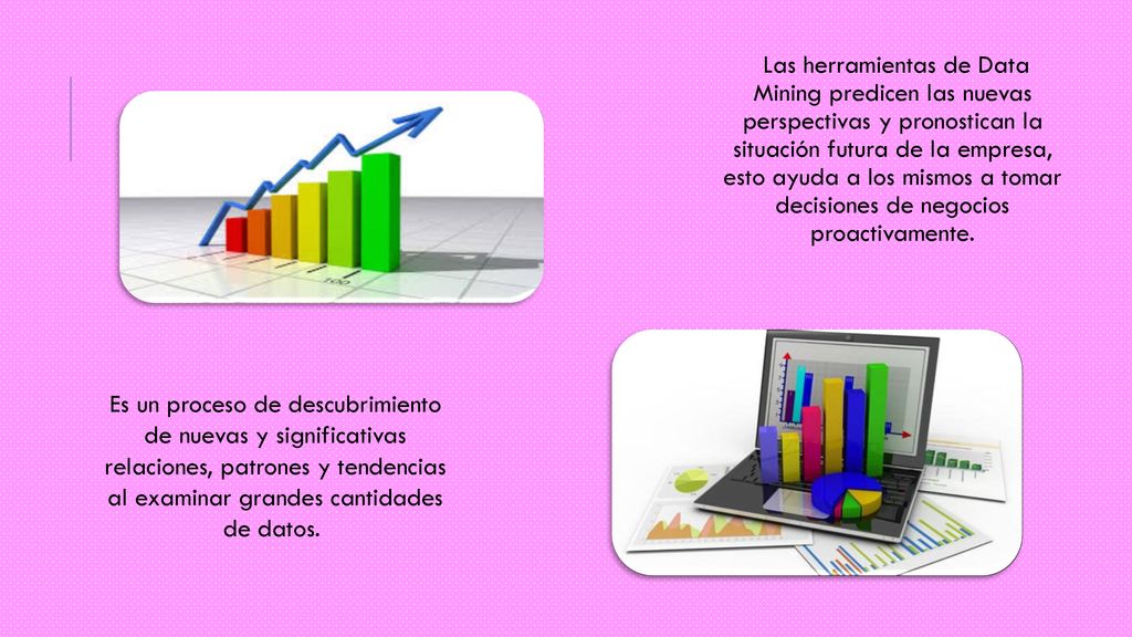 Las herramientas de Data Mining predicen las nuevas perspectivas y pronostican la situación futura de la empresa, esto ayuda a los mismos a tomar decisiones de negocios proactivamente.