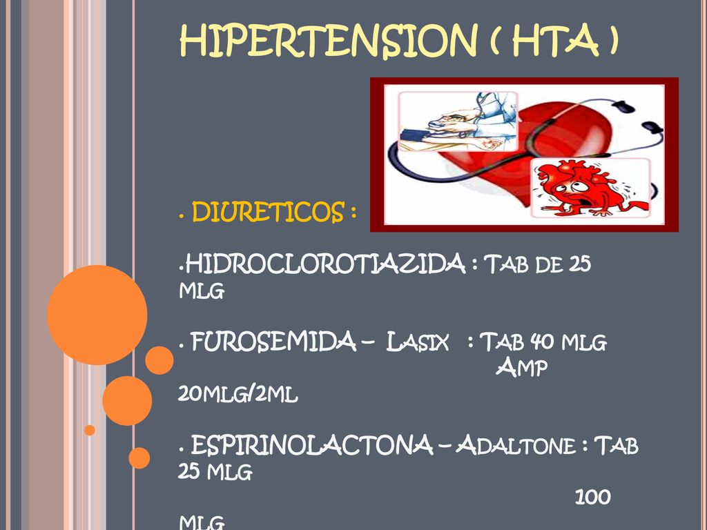 HIPERTENSION ( HTA ). DIURETICOS :. HIDROCLOROTIAZIDA : Tab de 25 mlg