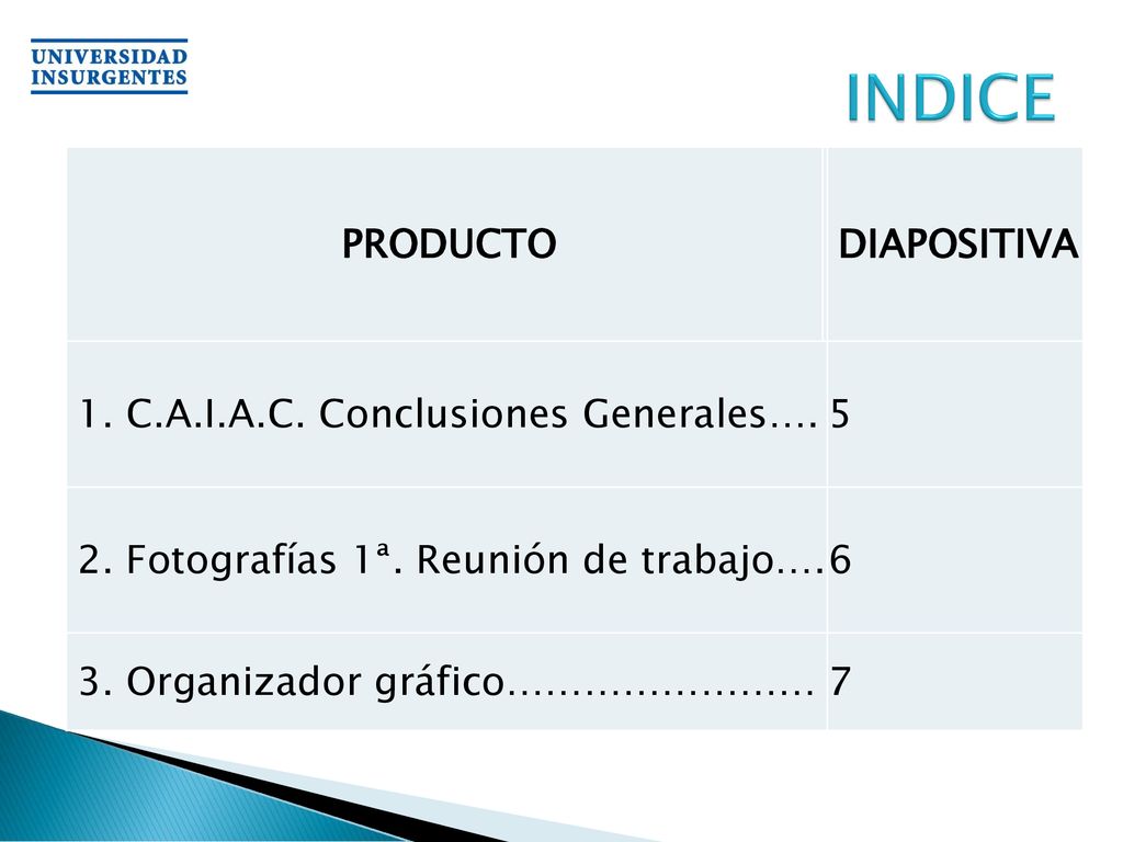 INDICE PRODUCTO DIAPOSITIVA 1. C.A.I.A.C. Conclusiones Generales…. 5
