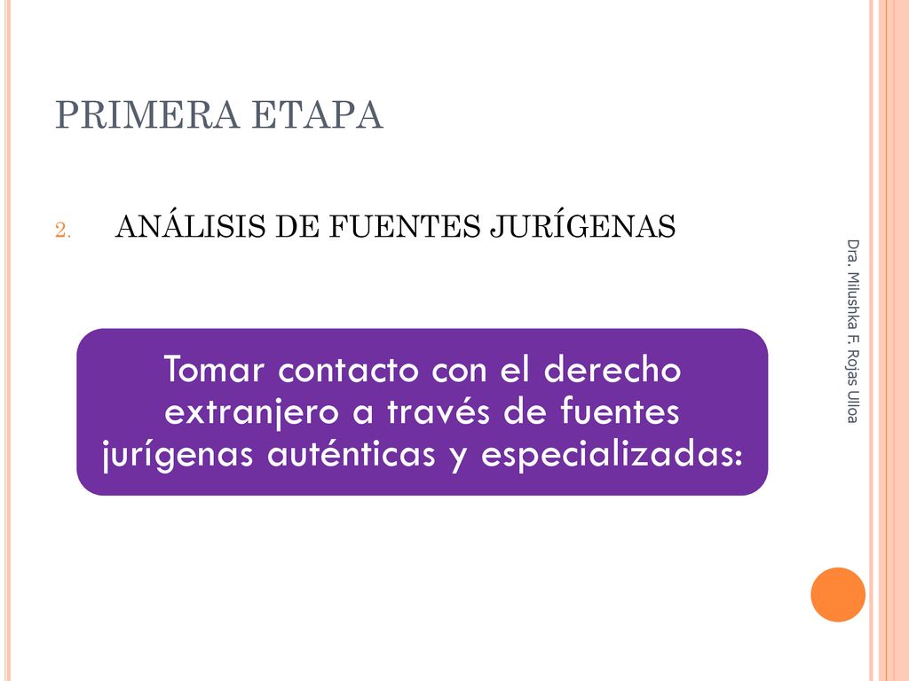 PRIMERA ETAPA ANÁLISIS DE FUENTES JURÍGENAS. Tomar contacto con el derecho extranjero a través de fuentes jurígenas auténticas y especializadas: