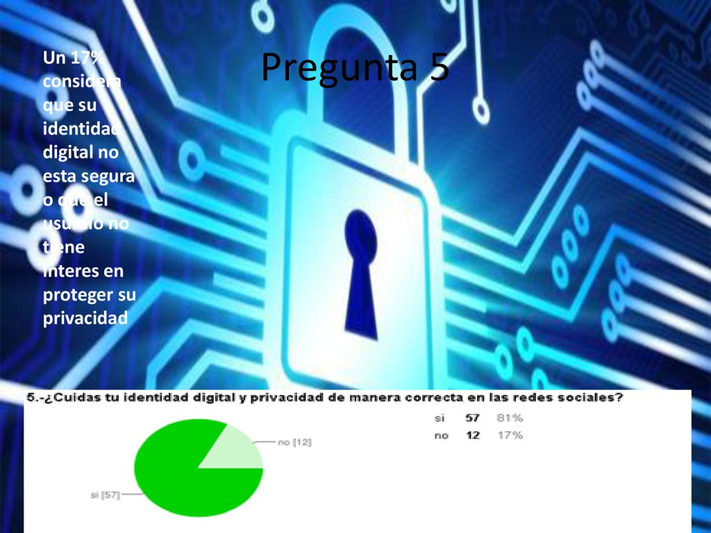 Pregunta 5 Un 17% considera que su identidad digital no esta segura o que el usuraio no tiene interes en proteger su privacidad.