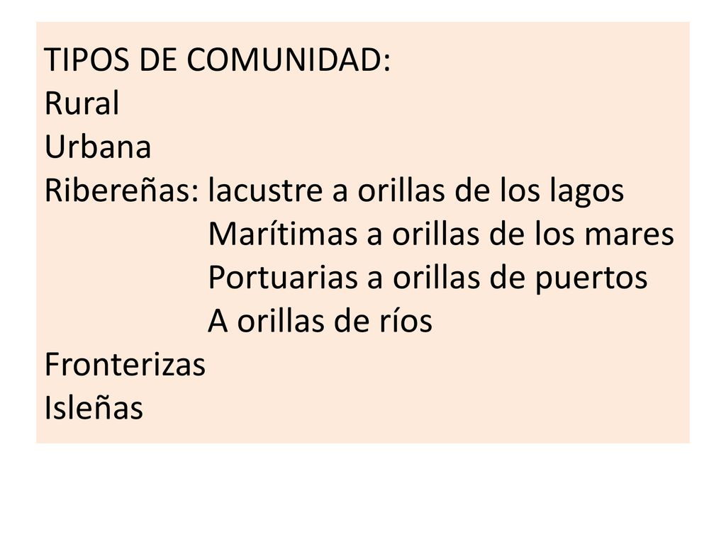TIPOS DE COMUNIDAD: Rural Urbana Ribereñas: lacustre a orillas de los lagos Marítimas a orillas de los mares Portuarias a orillas de puertos A orillas de ríos Fronterizas Isleñas