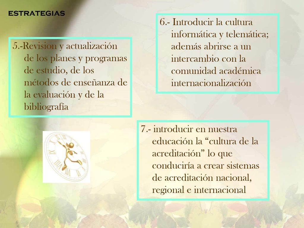 estrategias 6.- Introducir la cultura informática y telemática; además abrirse a un intercambio con la comunidad académica internacionalización.