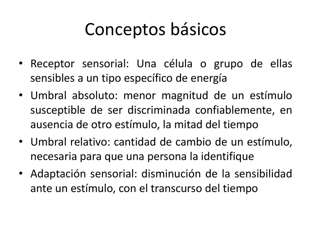 Conceptos básicos Receptor sensorial: Una célula o grupo de ellas sensibles a un tipo específico de energía.