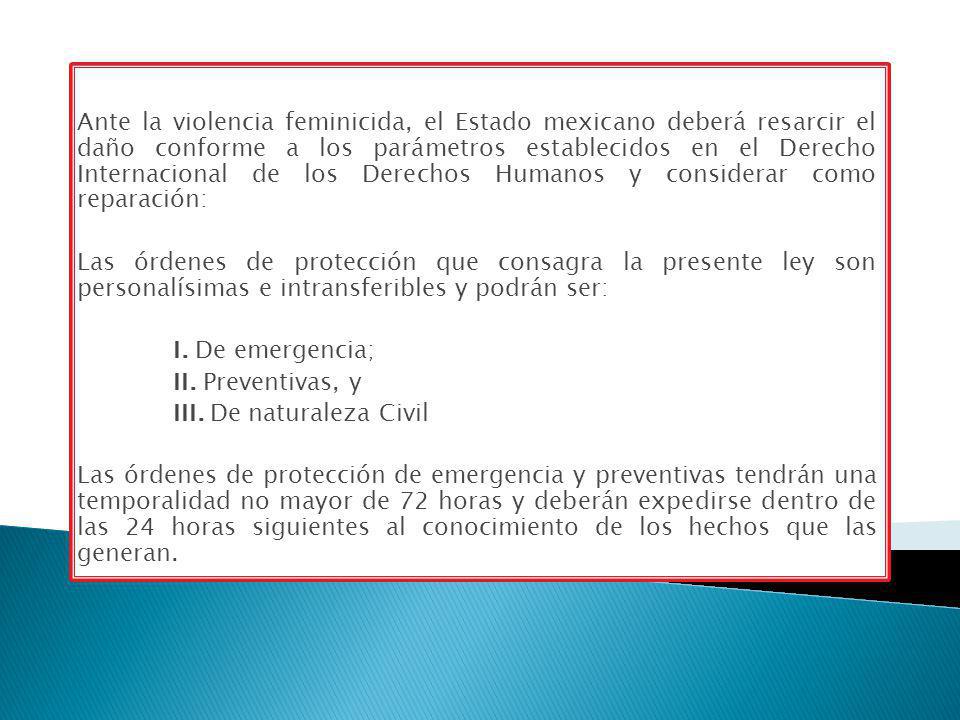 Ante la violencia feminicida, el Estado mexicano deberá resarcir el daño conforme a los parámetros establecidos en el Derecho Internacional de los Derechos Humanos y considerar como reparación:
