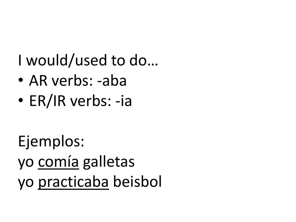I would/used to do… AR verbs: -aba. ER/IR verbs: -ia.