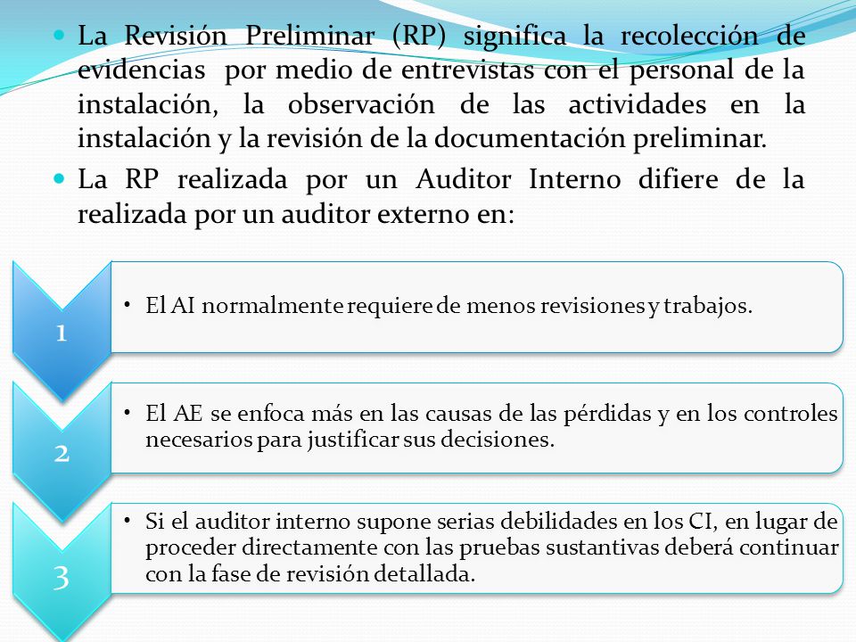 La Revisión Preliminar (RP) significa la recolección de evidencias por medio de entrevistas con el personal de la instalación, la observación de las actividades en la instalación y la revisión de la documentación preliminar.