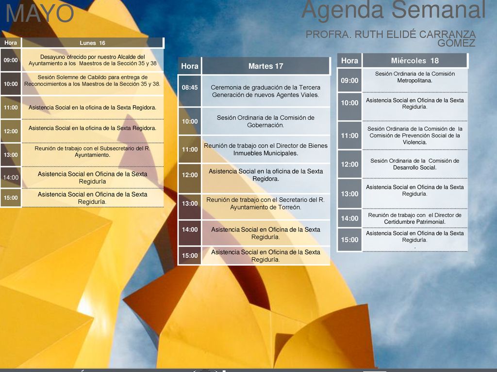 Agenda Semanal MAYO Cabildo Torreón PROFRA. RUTH ELIDÉ CARRANZA GÓMEZ