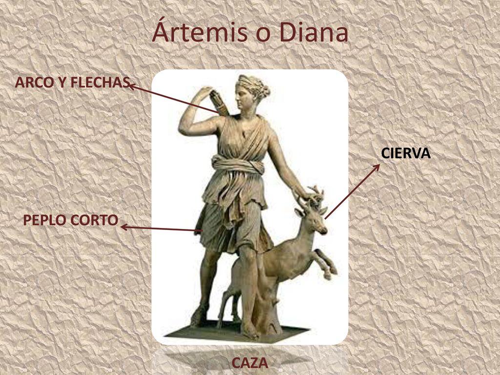 Ártemis o Diana ARCO Y FLECHAS CIERVA PEPLO CORTO CAZA