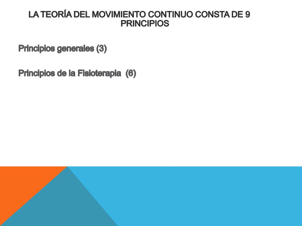 LA TEORÍA DEL MOVIMIENTO CONTINUO CONSTA DE 9 PRINCIPIOS Principios generales (3) Principios de la Fisioterapia (6)
