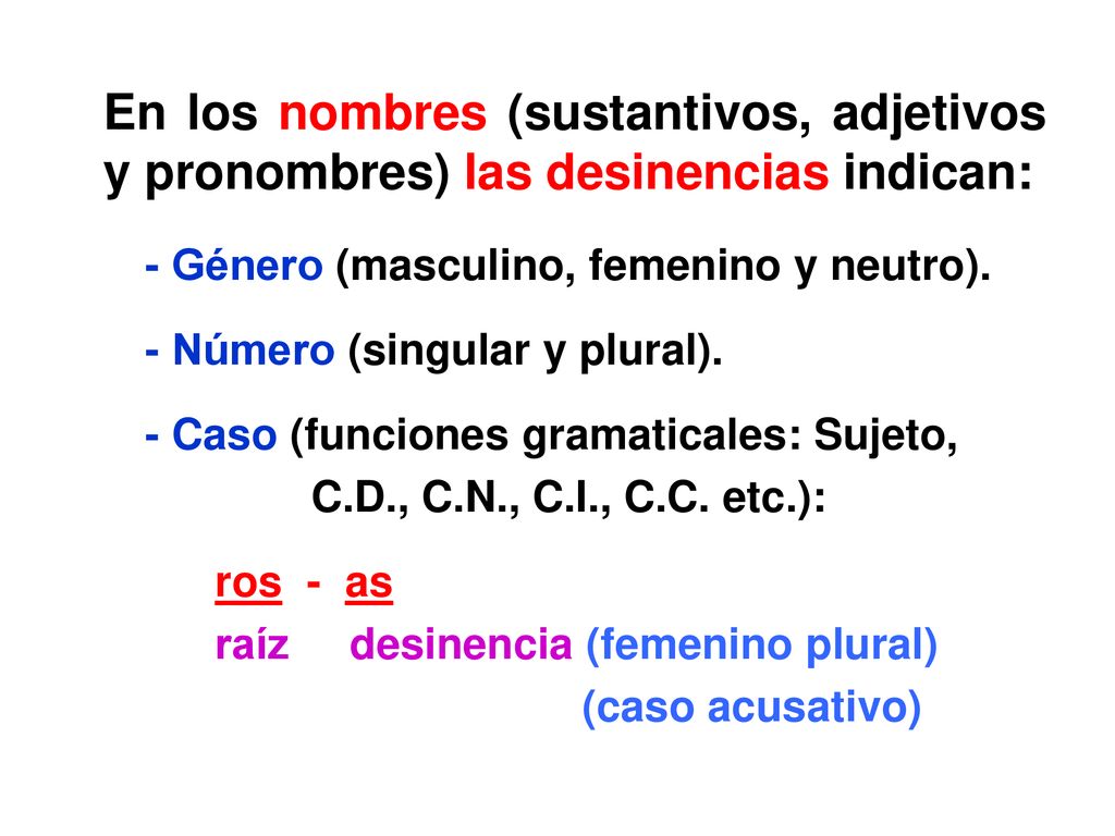 En los nombres (sustantivos, adjetivos y pronombres) las desinencias indican: