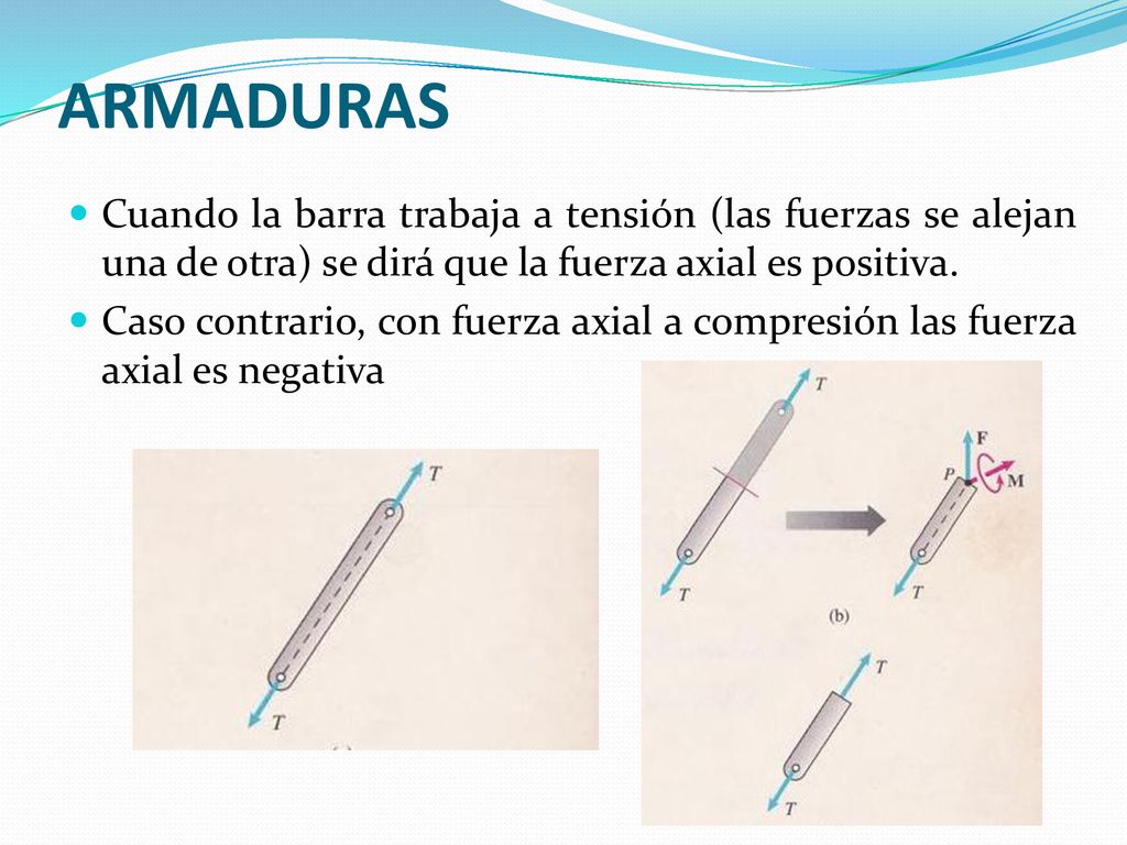 ARMADURAS Cuando la barra trabaja a tensión (las fuerzas se alejan una de otra) se dirá que la fuerza axial es positiva.