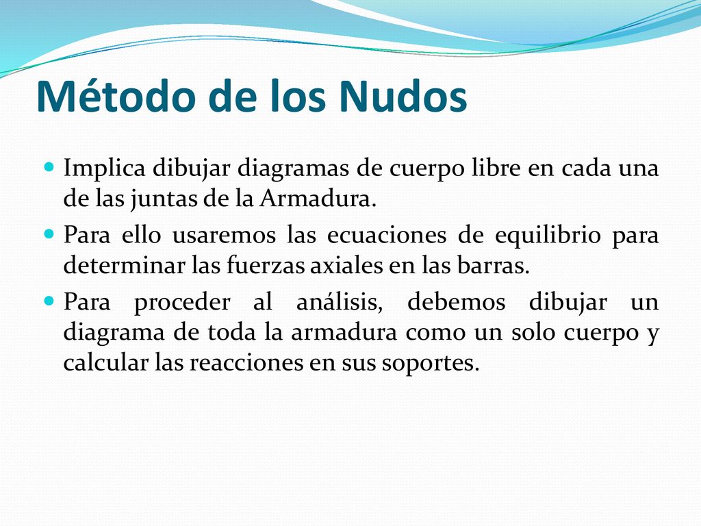 Método de los Nudos Implica dibujar diagramas de cuerpo libre en cada una de las juntas de la Armadura.