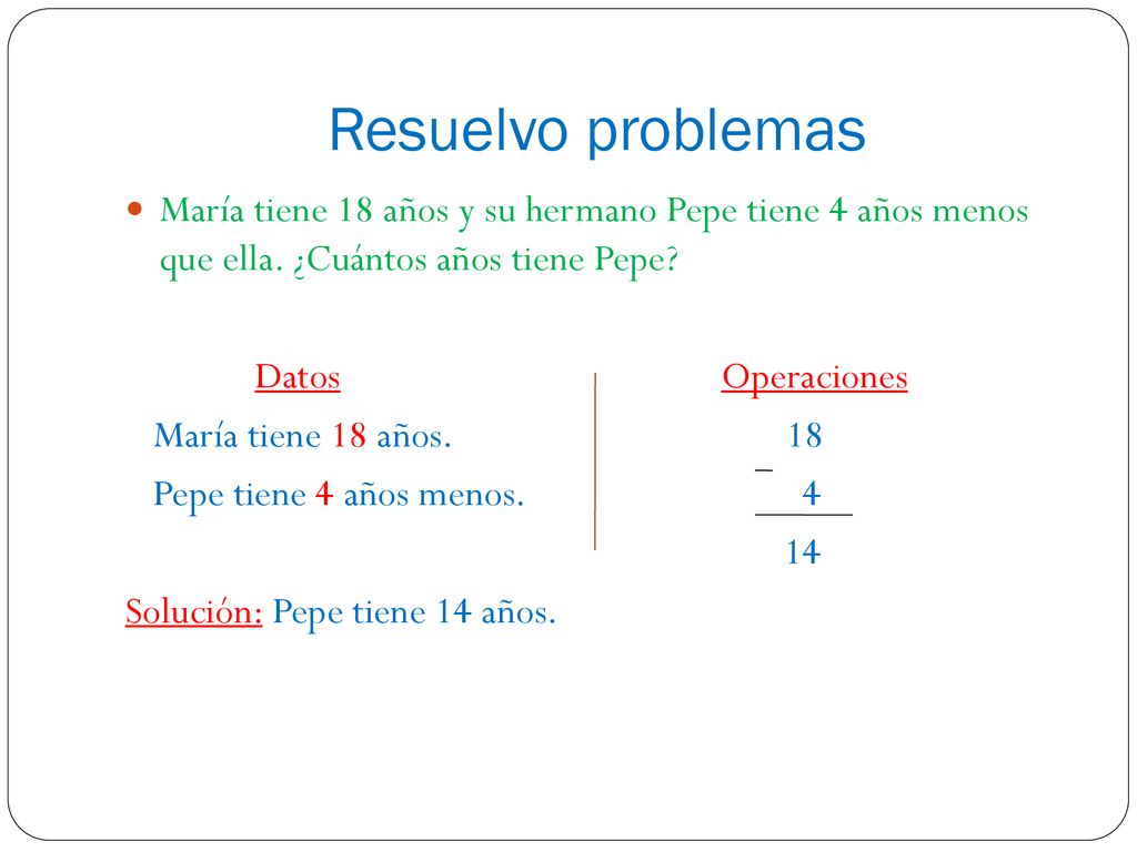 Resuelvo problemas María tiene 18 años y su hermano Pepe tiene 4 años menos que ella. ¿Cuántos años tiene Pepe