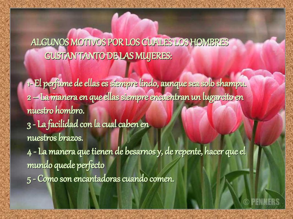 ALGUNOS MOTIVOS POR LOS CUALES LOS HOMBRES GUSTAN TANTO DE LAS MUJERES: 1- El perfume de ellas es siempre lindo, aunque sea solo shampu.