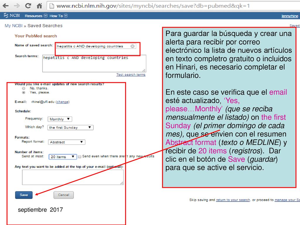 Para guardar la búsqueda y crear una alerta para recibir por correo electrónico la lista de nuevos artículos en texto completro gratuito o incluidos en Hinari, es necesario completar el formulario.