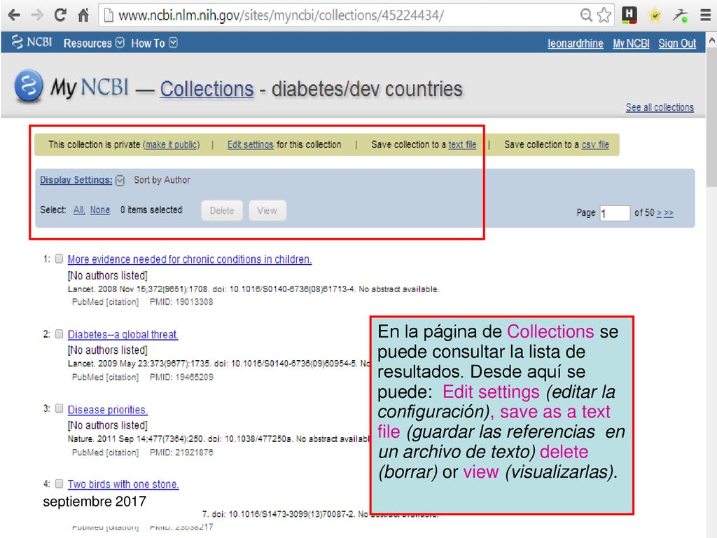 En la página de Collections se puede consultar la lista de resultados
