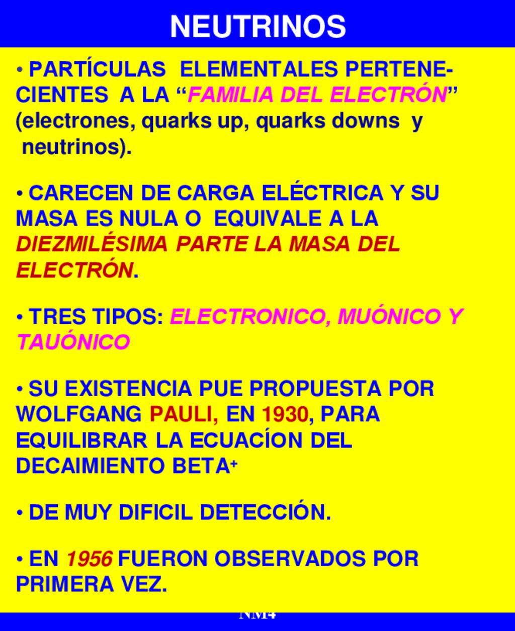 NEUTRINOS partículaS elementalES pertene-cienteS a la familia del Electrón (electrones, quarks up, quarks downs y.