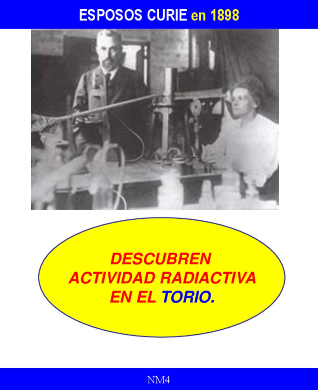 ESPOSOS CURIE en 1898 DESCUBREN ACTIVIDAD RADIACTIVA EN EL TORIO. NM4