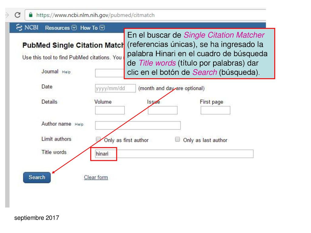 En el buscar de Single Citation Matcher (referencias únicas), se ha ingresado la palabra Hinari en el cuadro de búsqueda de Title words (título por palabras) dar clic en el botón de Search (búsqueda).