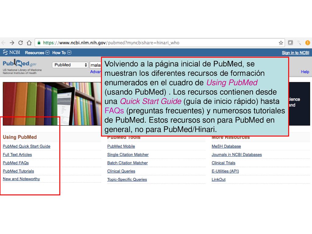 Volviendo a la página inicial de PubMed, se muestran los diferentes recursos de formación enumerados en el cuadro de Using PubMed (usando PubMed) .