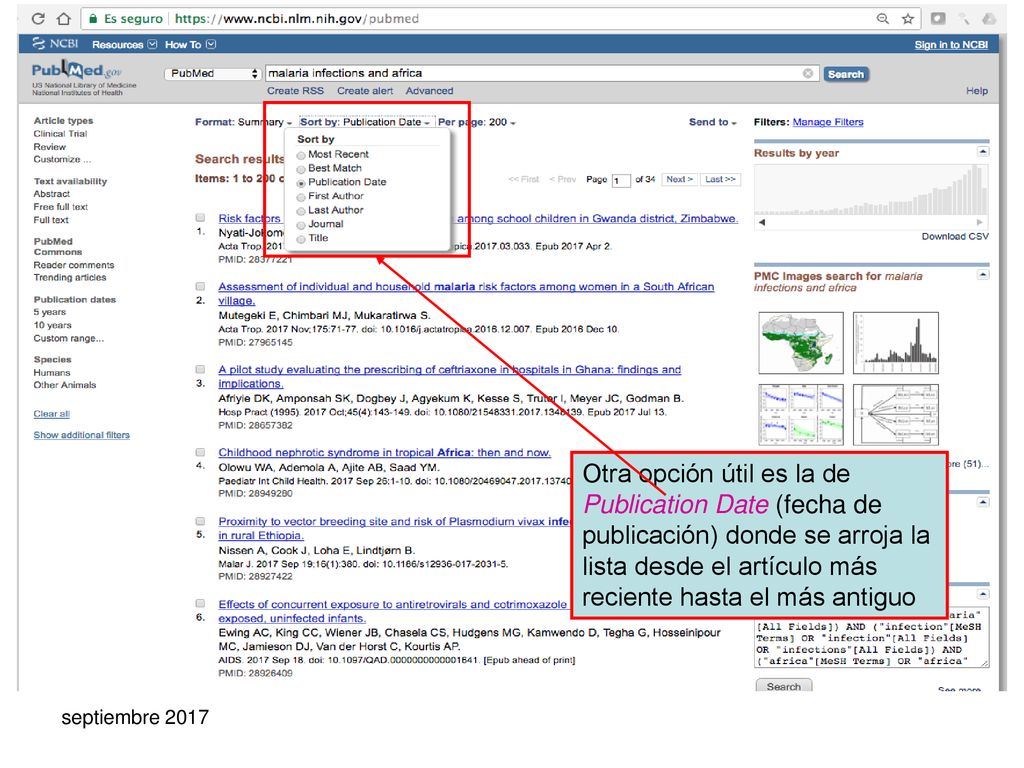 Otra opción útil es la de Publication Date (fecha de publicación) donde se arroja la lista desde el artículo más reciente hasta el más antiguo