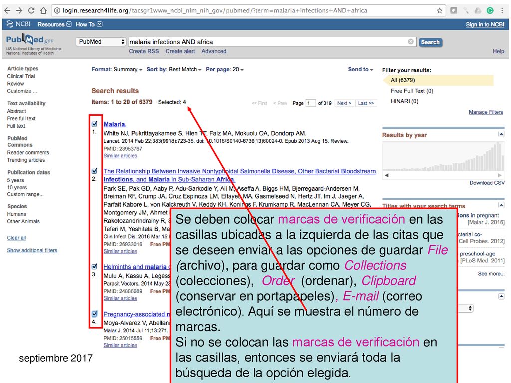Se deben colocar marcas de verificación en las casillas ubicadas a la izquierda de las citas que se deseen enviar a las opciones de guardar File (archivo), para guardar como Collections (colecciones), Order (ordenar), Clipboard (conservar en portapapeles),  (correo electrónico). Aquí se muestra el número de marcas.