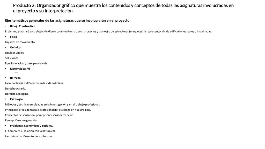 Producto 2: Organizador gráfico que muestra los contenidos y conceptos de todas las asignaturas involucradas en el proyecto y su interpretación.