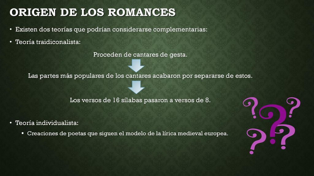 Origen de los romances Existen dos teorías que podrían considerarse complementarias: Teoría traidiconalista: