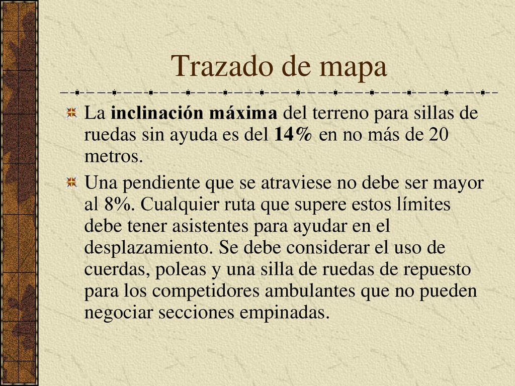 Trazado de mapa La inclinación máxima del terreno para sillas de ruedas sin ayuda es del 14% en no más de 20 metros.