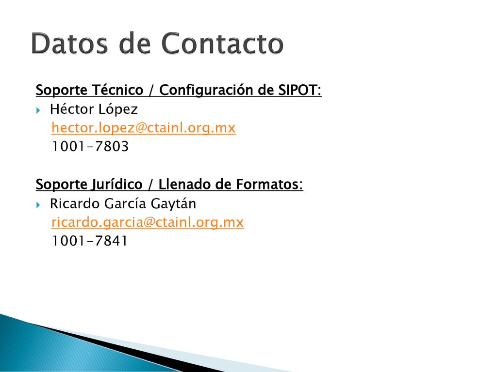 Datos de Contacto Soporte Técnico / Configuración de SIPOT: