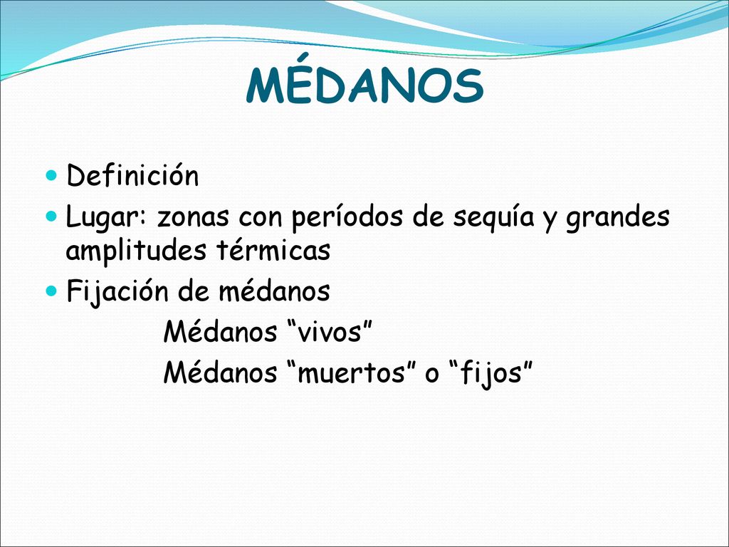 MÉDANOS Definición. Lugar: zonas con períodos de sequía y grandes amplitudes térmicas. Fijación de médanos.