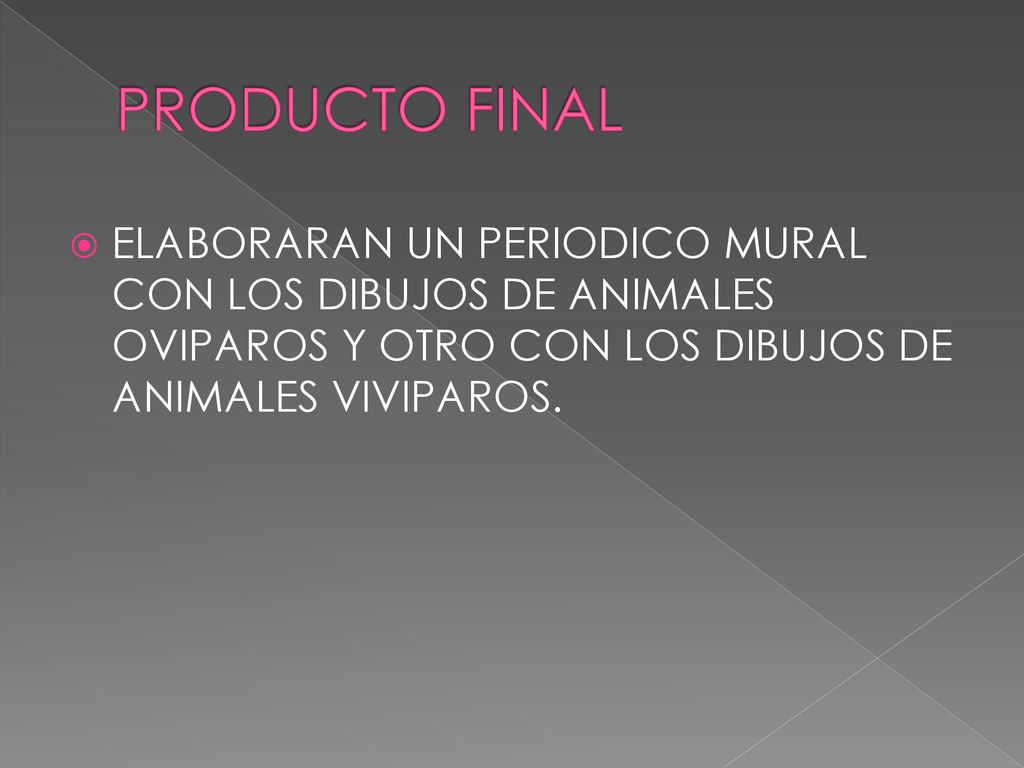 PRODUCTO FINAL ELABORARAN UN PERIODICO MURAL CON LOS DIBUJOS DE ANIMALES OVIPAROS Y OTRO CON LOS DIBUJOS DE ANIMALES VIVIPAROS.