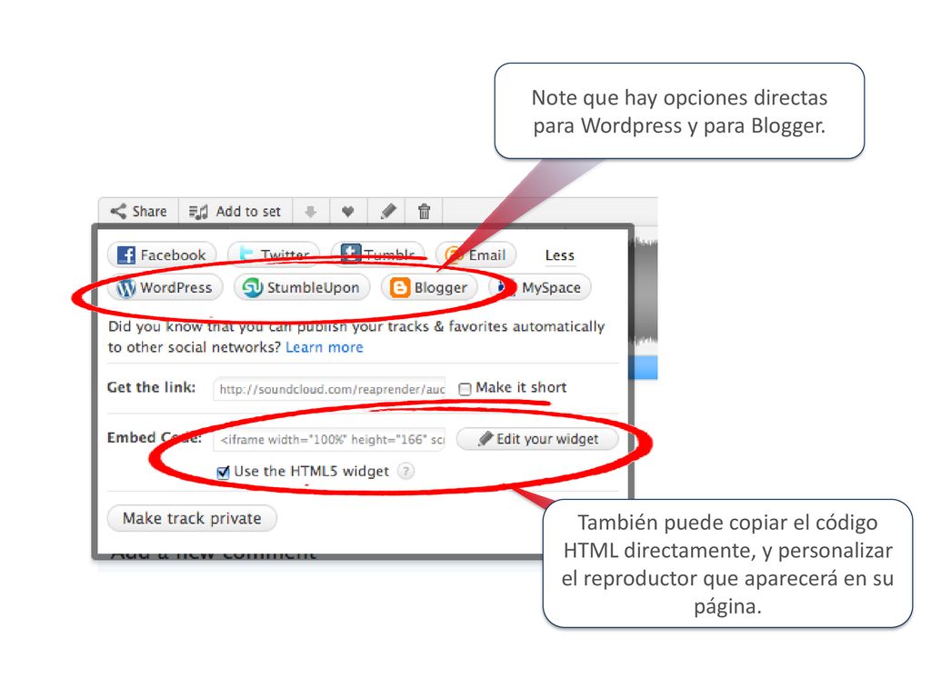 Note que hay opciones directas para Wordpress y para Blogger.