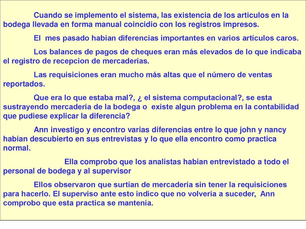 Cuando se implemento el sistema, las existencia de los articulos en la bodega llevada en forma manual coincidio con los registros impresos.