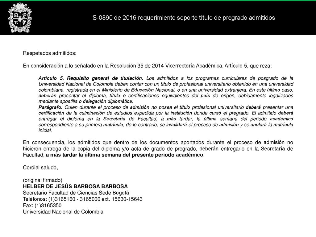 S-0890 de 2016 requerimiento soporte título de pregrado admitidos