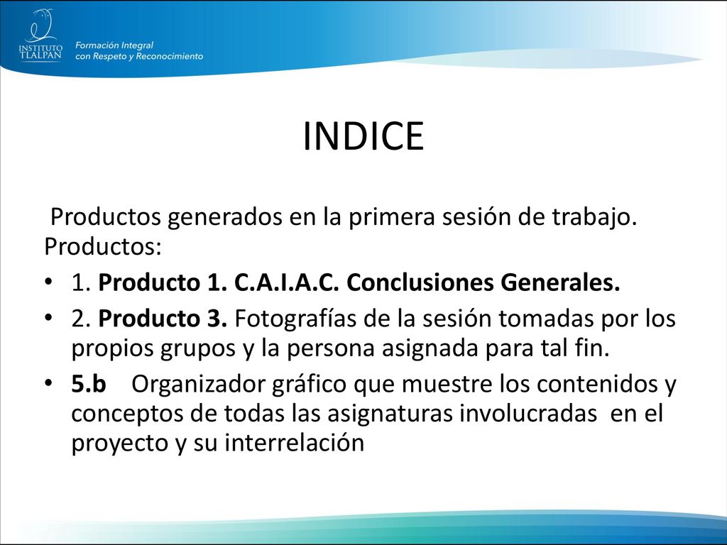 INDICE Productos generados en la primera sesión de trabajo. Productos: