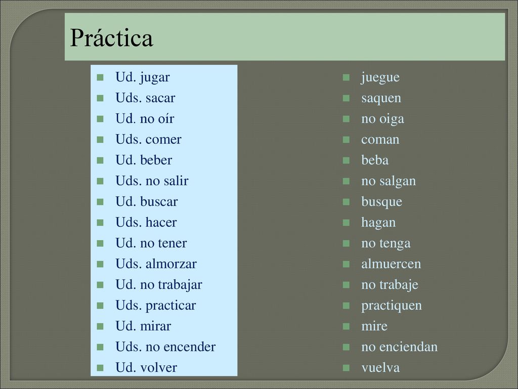 Práctica Ud. jugar Uds. sacar Ud. no oír Uds. comer Ud. beber
