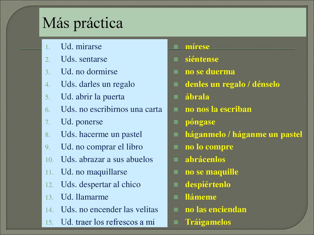 Más práctica Ud. mirarse Uds. sentarse Ud. no dormirse