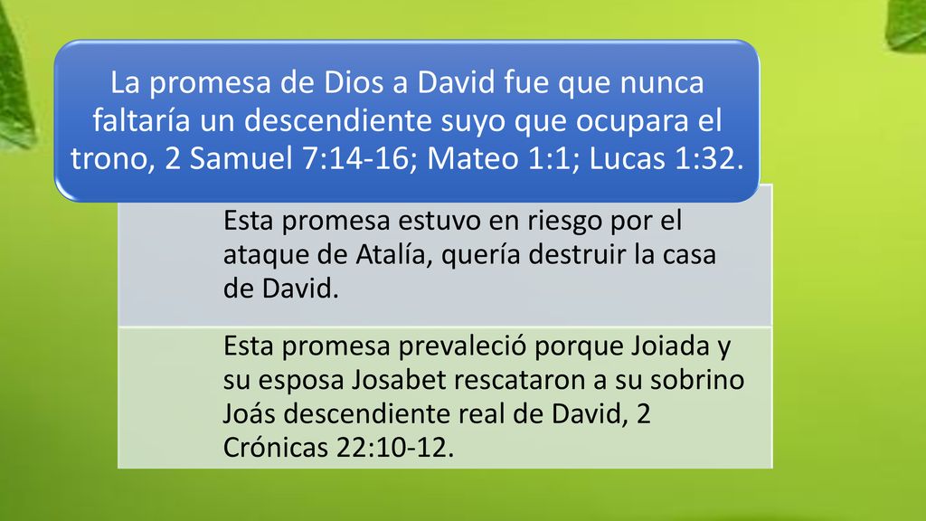 Esta promesa estuvo en riesgo por el ataque de Atalía, quería destruir la casa de David.